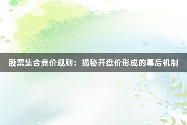 股票集合竞价规则：揭秘开盘价形成的幕后机制